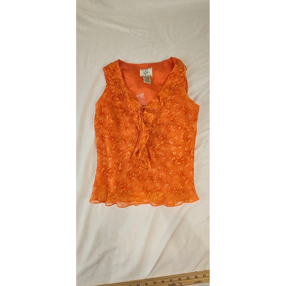 iCE Orange Silk Floral Sequin Ruffle V-Neck Sleeveless Blouse Top Small